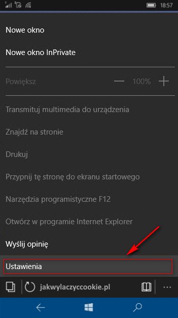 Wyłączanie cookies Windows 10 Mobile - wybierz ustawienia