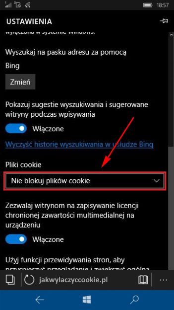 Wyłączanie cookies Windows 10 Mobile - wybierz Blokuj wszystkie pliki cookie